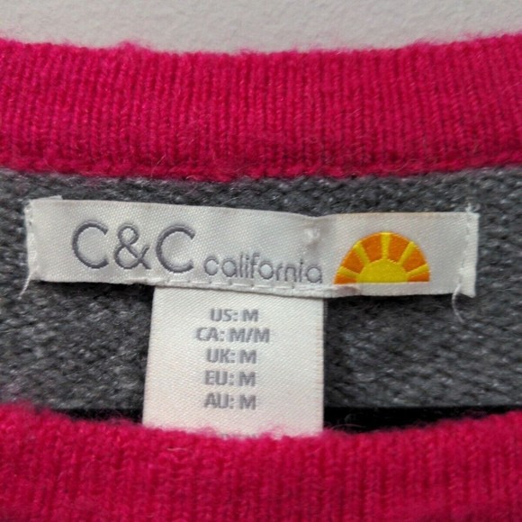 C&C California Women's Thick Stripe Crewneck Sweater Size Medium Gray Pink Red - Picture 4 of 9